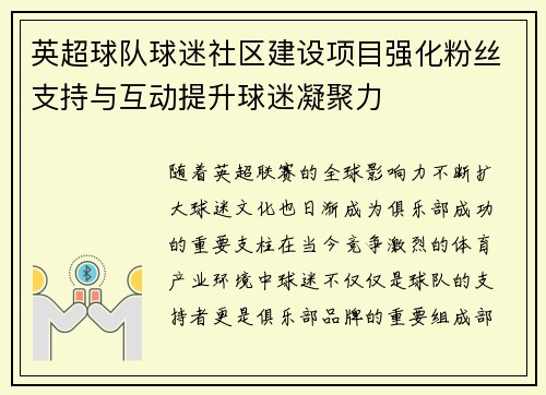 英超球队球迷社区建设项目强化粉丝支持与互动提升球迷凝聚力